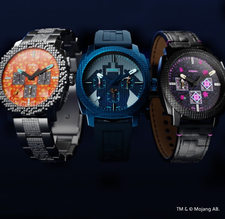 Three Minecraft x Fossil watches floating