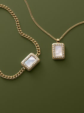 Two pieces of ladies' jewellery from Fossil's Raquel collection featuring natural materials and glitz.