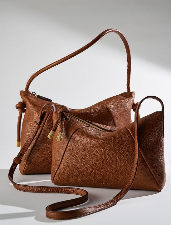 Brown leather shoulder bag by Fossil.