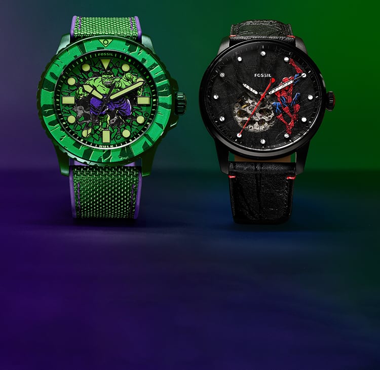 Two Fossil watches featuring limited-edition Spider-Man and Hulk designs