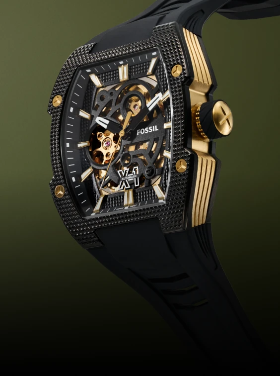The bold Fossil Machine X-1 Automatic watch, defined by an oversized sculptural case with industrial knurling for a rugged look.
